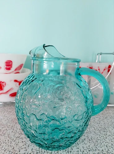 Anchor Hocking Lido Milano Aquamarine Glass Ball Pitcher Ice Lip with flaw