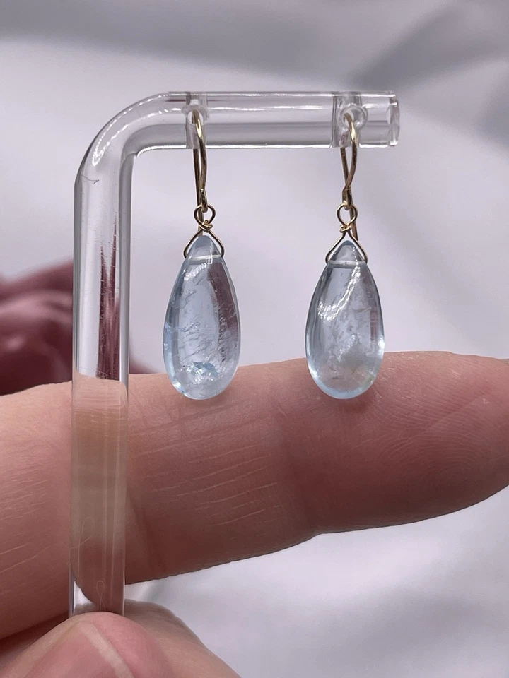 14K Solid Gold Aquamarine Earrings Natural Briolette RARE Blue FALL SPECIAL - Image 3 of 4