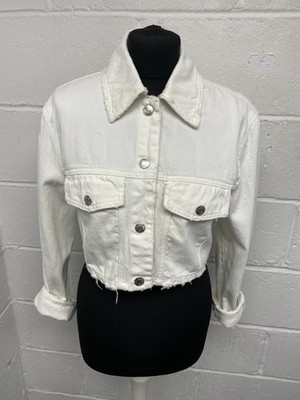 Zara White Cropped Distressed Raw Edge Long Sleeved Denim Jacket UKS PWM