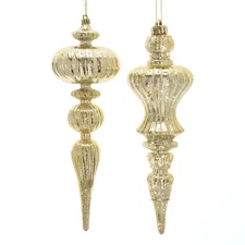 Shatterproof Gold Distressed Finish Finial Ornament 12" Set of 2