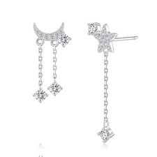 Solid Silver Asymmetrical Drop Earrings S925 Dangle Studs Star Crescent Moon