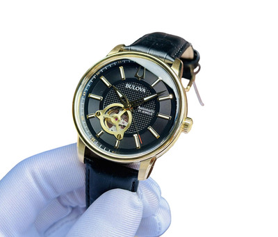 Bulova 97A166 Automatic Gold Tone Black Dial Leather Band Men's Watch