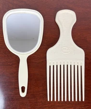 Vtg Goody USA Hair Pick Textured Plastic Handle Lift Comb 6.5" & Mirror EUC