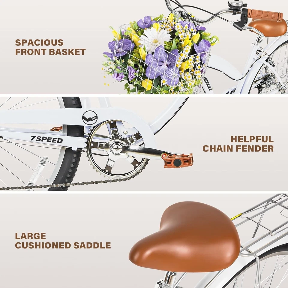 Bicicleta Beach Cruiser, Bicicleta de Cercanías de 26 pulgadas para Hombres y Mujeres Adultos, 7 Velocidades... Foto 4 de 4