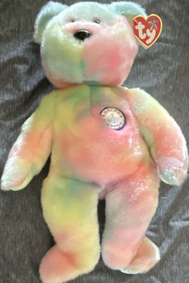 Retired-Ty Beanie Buddies Pastel Rainbow Tie-Dye Bear Plush 2000, Ages 3+ 3-7