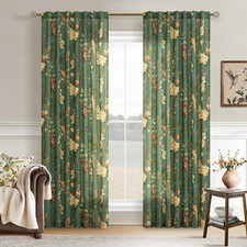 Spring Olive Green Floral Linen Curtains for Living Room 84 Inches Long 2 Panels