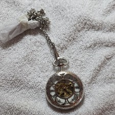Silver Full Hunter Mechanical Pocket Watch Skeleton Dial Roman Numerals Chain