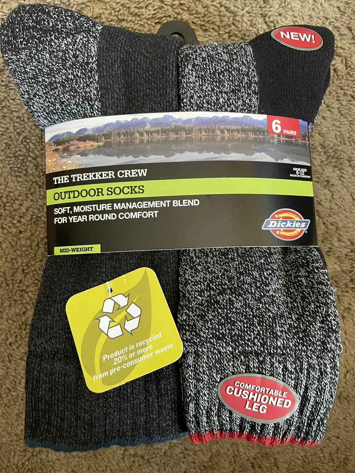 Dickies The Explorer Crew Performance Outdoor Mens Socks 6-pairs Size 6-12