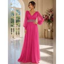 MAC DUGGAL Pink Bishop Sleeve Wrap Over Belt Detail Flowy Gown – Size 8 – 79370