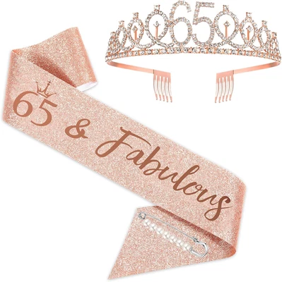SZHUIHER 65th Birthday Sash & Tiara Set - Rose Gold "65 & Fabulous" Party Supplies