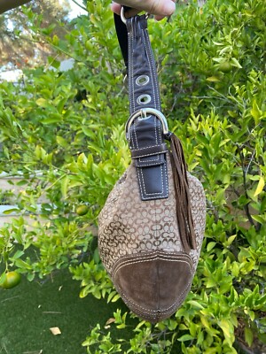 Coach 2158 Brown Signature Logo Suede Leather Silver Hobo Purse