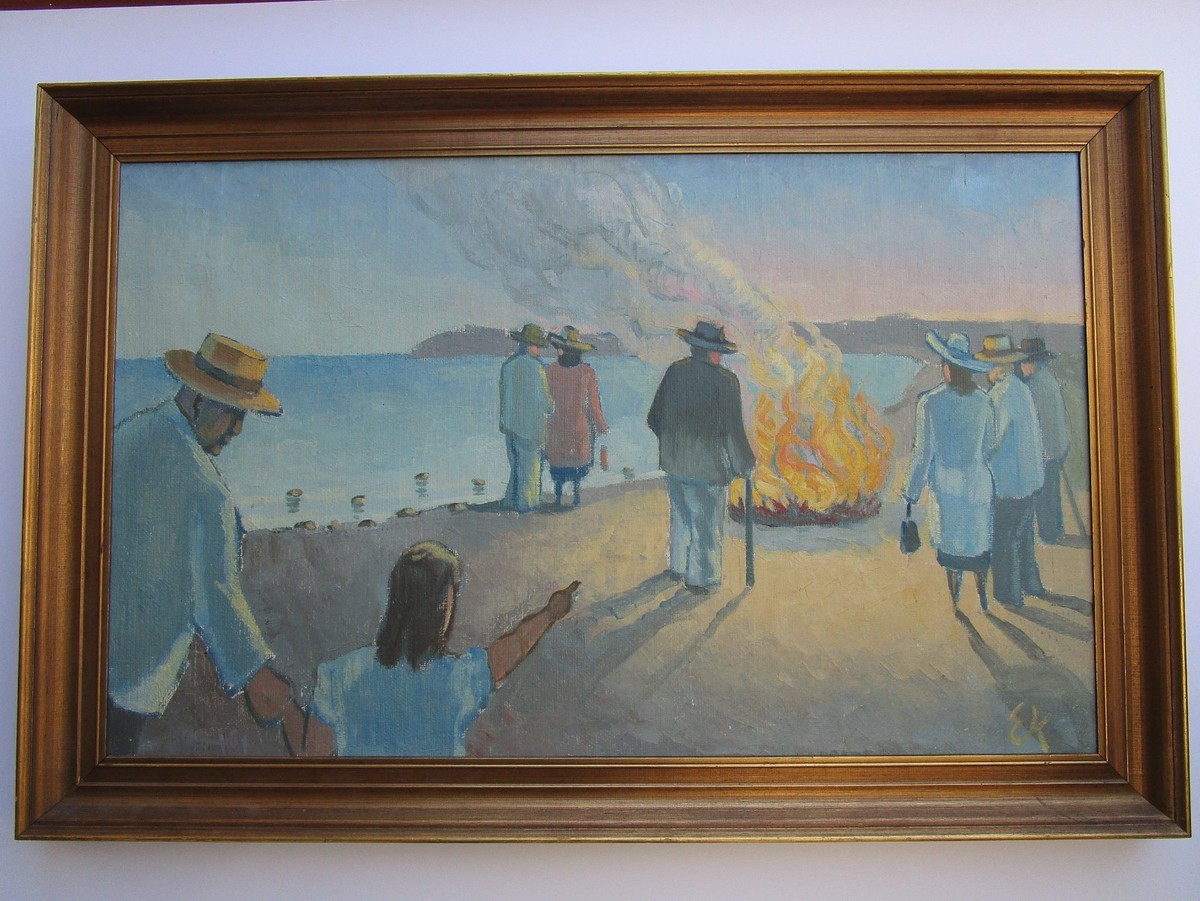 ✝️From old American canvas✝️ ANTIQUE LARGE OLD PAINTING MODERNISM SIGNED EK CAMP FIRE