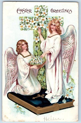 Nevada Ohio OH Postcard Easter Greetings Floral Holy Cross Angels c1910's Posted
