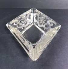 Vintage Retro Glass Ashtray Etched Vine Diamond Shape Mid-Century