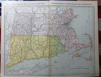 1906 Dated Train Route Map Massachusetts Connecticut all Railroad Lines 11''×9''