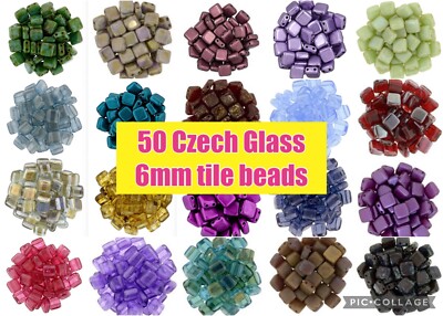 50 Czech Glass 6mm Flat Square Tile Loose Beads 2 Holes CzechMates 6mm