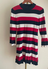 Loft White Black Striped Ruffled Trim Sweater Dress Womens Size XS