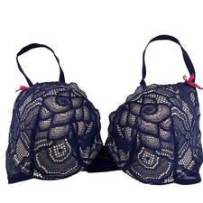 Betsey Johnson 32D Bra Push Up Blue Lace Overlay