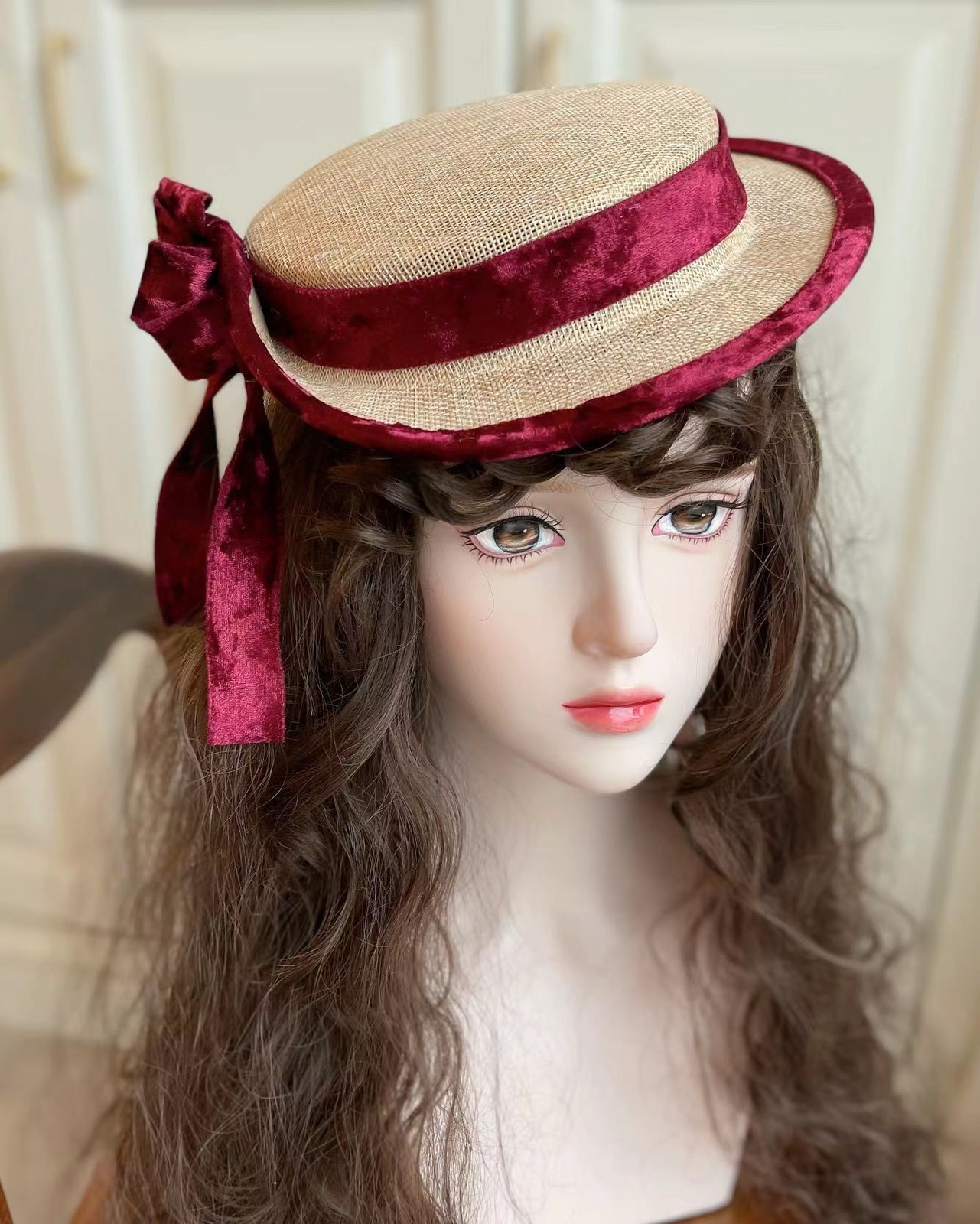 Victorian Women Flat Top Hat with Big Bow Vintage Lady Classic Lolita