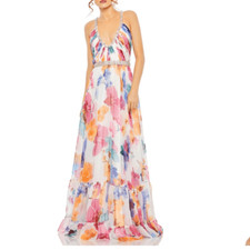 Mac Duggal 2219 Plunge Neck Embellished A Line Floral Print Gown | Size 12