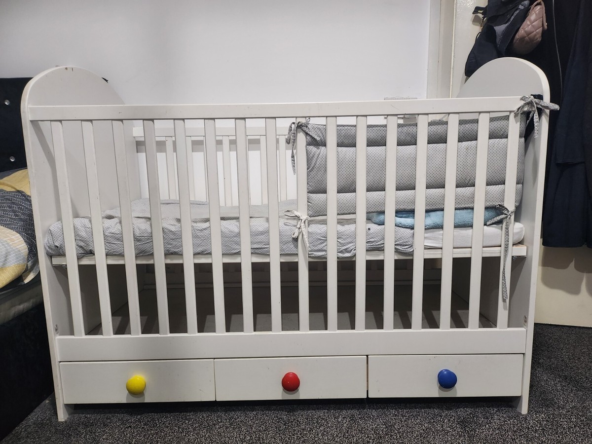 White Ikea GONATT Cot Bed with storage drawers, Includes Mattress