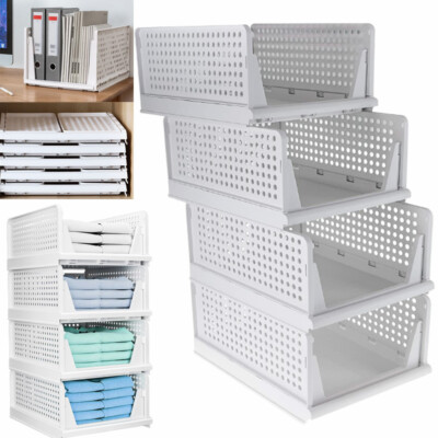 Folding Wardrobe Storage Box 4-Pack Plastic Drawer Organizer Stackable Shelf New