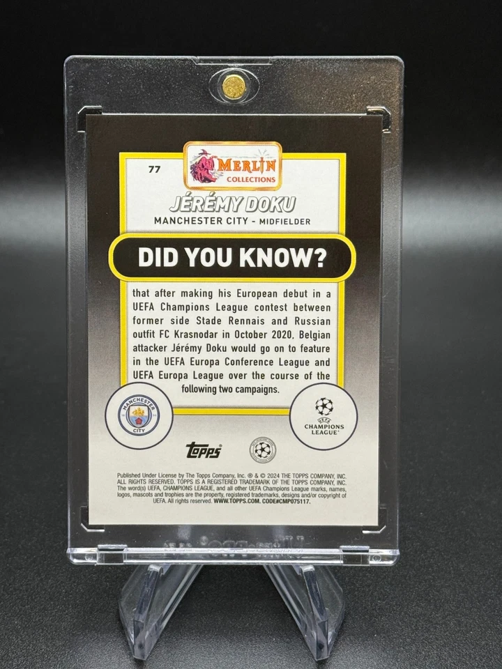 Jeremy Doku 2023-24 Topps Merlin UEFA CC Aqua Refractor #'d /199 Manchester City - Image 2 of 4