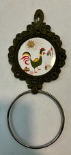 Retro Folk Art Cast Iron Rooster Towel Holder And Rooster Hen Trivets