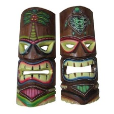 Tiki Mask Wall Decor Set/ 2 Wooden Turtle Palm Tree Design 12 Inch Hand Carved