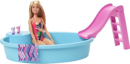Piscina Barbie, 1x bambola Barbie con capelli biondi, piscina Barbie e scivolo - Foto 1 di 6