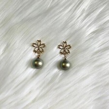 Green Cherry Blossom Sakura Pearl Bead Gold Plated Stud Earrings Dangle Earring