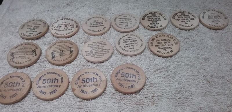 Lot of 16 Lebanon Valley Coin Club Souvenier Wooden Nickels / Bucks