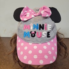 Disney Minnie Mouse Ears Kids Hat Cap OS Gray Pink Adjustable with Bows and Ears
