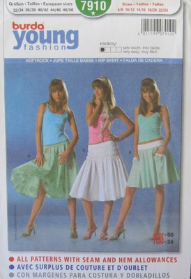 Burda Young Fashion 7910 Misses 6-24 Easy HIP SKIRT Full Elastic Waist Pattern