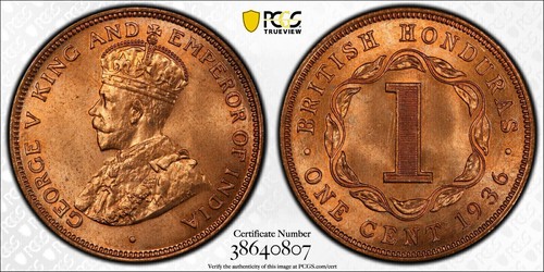British Honduras, 1936 George V Cent. PCGS MS 66 Red. 40,000 Mintage.