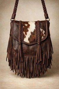 Womens Fringe Shoulder Bag, Genuine Leather Material, Brown Color, Boho Western
