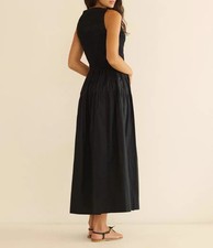 Women Doen Cotton Pleated A-line Tank Midi Dress Black 