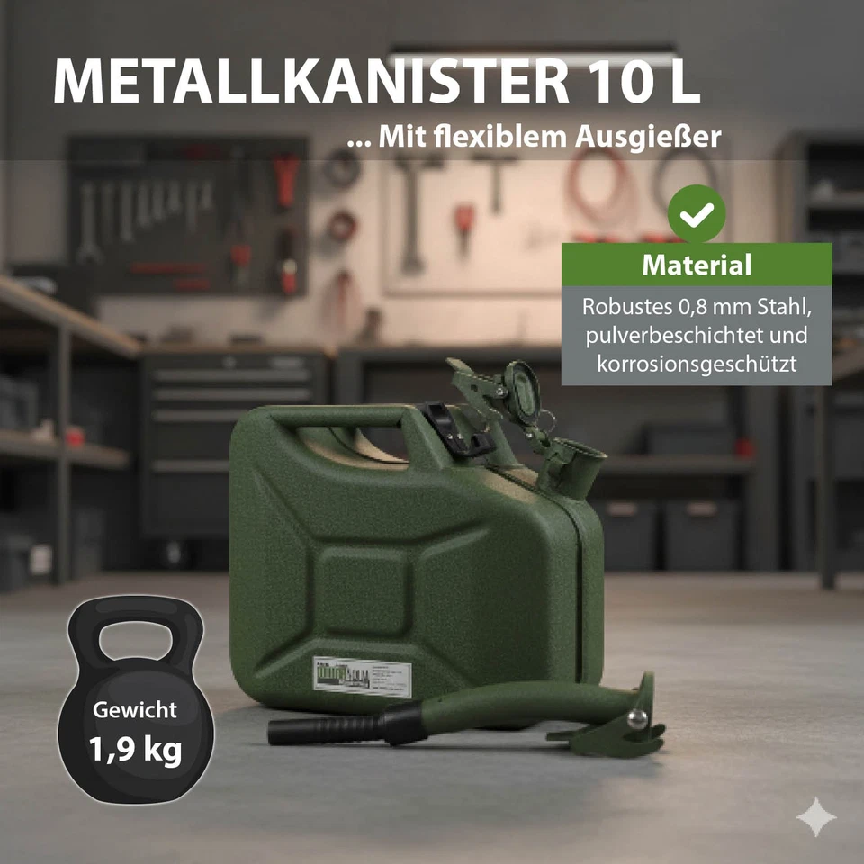 Benzinkanister Kraftstoffkanister Ölkanister Metall 10L kratzfest Olivgrün - Bild 2 von 4