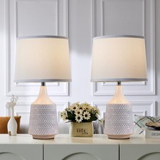 White Ceramic Table Lamps Set of 2, 18.5" Modern Bedside Lamps for Night Stan...