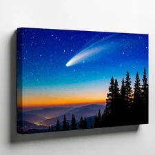 Breathtaking Twilight Scene Featuring A Luminous Comet Streaking Across Wall Art
