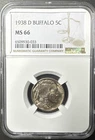 1938 D US Buffalo Nickel 5c NGC MS66