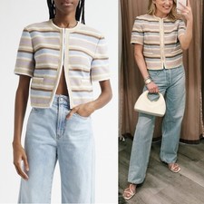 Veronica Beard Wyatt Stripe Jacket Stone Khaki Multi Short Sleeve 0 NEW Cropped