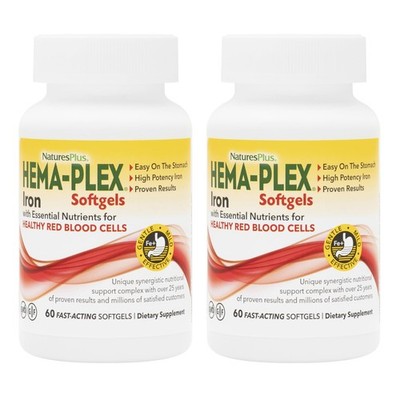 Iron Supplement 85mg Hema Plex 60 Softgels 2 Pack NaturesPlus Vitamin