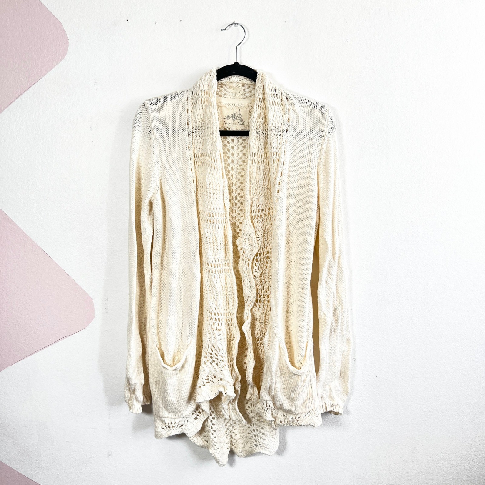 Anthropologie Angel Of The North Crochet Cream Open Cardigan Sweater Boho Sz M