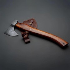Handmade Damascus Steel Camping Hatchet: Viking Axe with Leather Sheath
