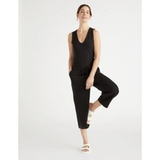 Quince French Terry Modal Jumpsuit Black V Neck Cropped Wide Leg Size S