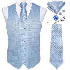 Mens Vest and Tie Set Formal Paisley Waistcoat and Medium Baby Blue Plaid