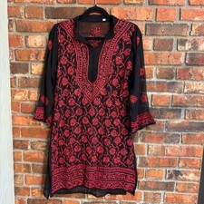 Womens sheer embroidered tunic top Kurta with slits boho black/red M