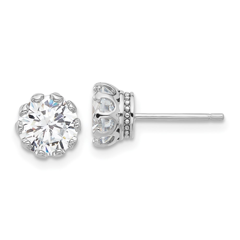 Sterling Silver Rhodium-plated 7mm Cubic Zirconia Crown Post Stud Earrings