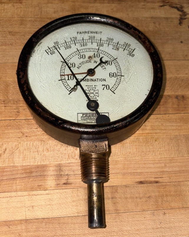 Antique  Industrial Combination Altitude/Fahrenheit Gauge US Gauge Co New York